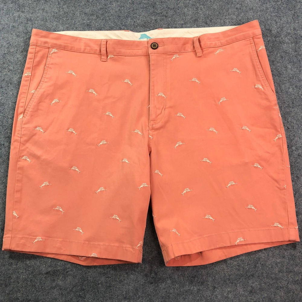 Tommy Bahama Mens Chino Short 42X9 Peach Embroidered Fish All Over Print Stretch